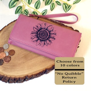 Engraved Sunflower Leatherette Women's Wallet w/ ID Display, Ladies Leather Sunflower Wallet, Perfect Gift for her Birthday or Mother's Day