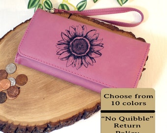 Engraved Sunflower Leatherette Women's Wallet w/ ID Display, Ladies Leather Sunflower Wallet, Perfect Gift for her Birthday or Mother's Day