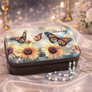 Personalized Sunflower Butterfly Travel Jewelry Case – Large Faux Leather Zip Organizer with Mirror