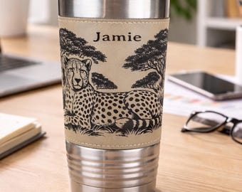 Cheetah Safari Engraved Travel Tumbler – Leatherette Wrap – 20 oz. Personalized Coffee Mug