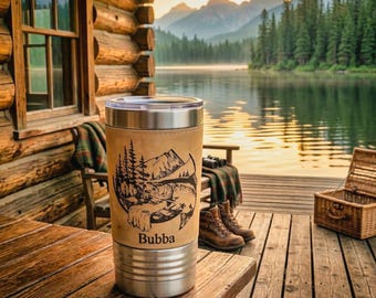 Rustic Personalized Fishing Travel Mug, Custom Insulated Fishing Cup, Mountain Outdoorsman Custom Tumbler