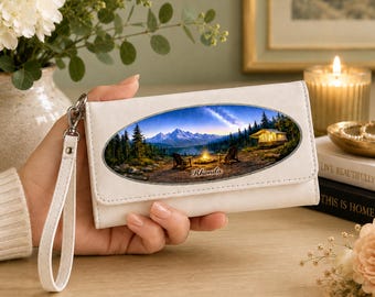 Personalized Ladies Camping Wallet, Mountain Clutch Wristlet, Rfid Blocking, Scenic Cabin Night Keepsake, Outdoor Lovers Gift For Her
