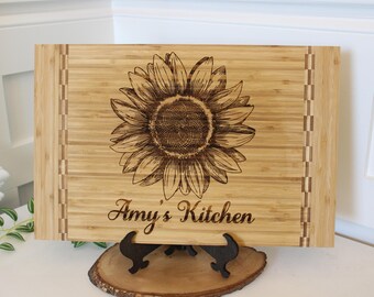 Sunflower Kitchen Decor - Personalized Bamboo Cutting Board for Mother's Day, great Environmentally Friendly Gifts, Wooden Easel Included