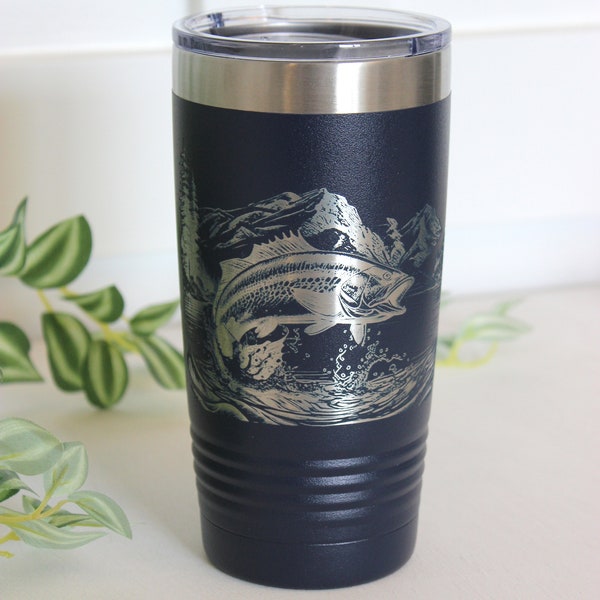 Engraved Mountain Lake Fishing Design Decorates this Wonderful Powder Coated Insulated Stainless Steel Coffee/Beverage Travel mug