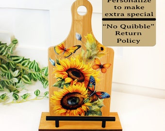 Sunflowers and Butterflies Cookbook Stand for the Kitchen from Environmentally Sustainable Bamboo with Pine Wood Accents to create an Easel