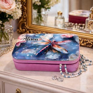 Large Travel Jewelry Case – Dragonfly Print, Faux Leather, Personalized Zip Organizer with Mirror