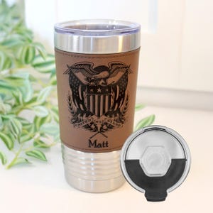 American Flag Tumbler. Patriotic Tumbler. American Flag Mug with Eagle. Leather wrapped tumbler, Engraved Tumbler