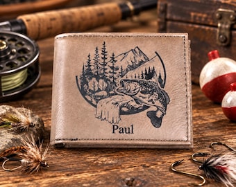 Personalized Engraved Fishing Wallet for Dad, Leatherette Bifold or Trifold Wallet, Custom Fathers Day Gift for Fishermen