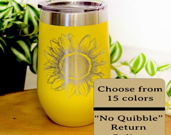 Personalized Sunflower Wine Tumbler, Custom Engraved Wine Tumbler, Personalized Wine Tumbler, Insulated Powder Coated, Insulated Wine Mug