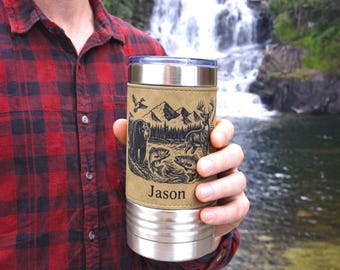 20 ounce Wildlife Lake Engraved Travel Tumbler – Bear, Deer, Duck & Fish Scene, Personalized Leatherette Wrapped Coffee Mug