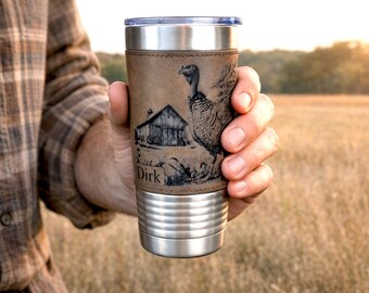 Personalized Turkey Farm Travel Tumbler – Engraved Leatherette Wrap – Custom Name, Perfect Hunter and  Father's Day Gift