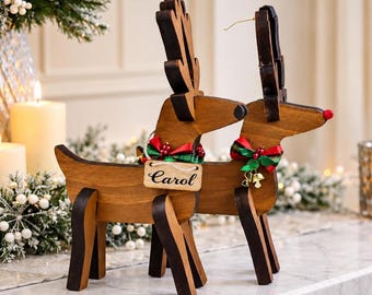 Rustic Wooden Christmas Reindeer Set of 2, Modern Farmhouse Decor, Antique White or Brown, Fireplace Mantel Decoration, Tabletop Centerpiece