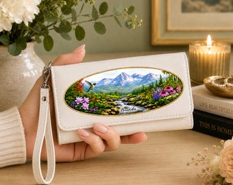 Ladies Personalized Leatherette Clutch Wallet, Hummingbird Wildflower Wristlet, Rfid Blocking, Mountain Nature Lover Keepsake, Gift For Her