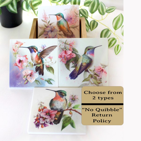 Unique Hummingbird Designs Decorate these Bamboo Drinkware/Beverage Coasters, great Gift for Hummingbird Lover and Mother's Day