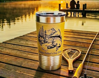 Father’s Day Fishing Gift for Dad, Personalized Dad Tumbler, Custom Name Fisherman Cup, Rustic Outdoorsman Gift