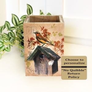 Unique Bird House Utensil Holder Made from Solid Bamboo Wood, it includes the images of 4 Bird Houses Printed in UV Ink on all 4 Sides