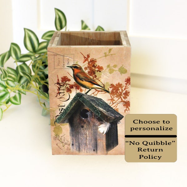 Unique Bird House Utensil Holder Made from Solid Bamboo Wood, it includes the images of 4 Bird Houses Printed in UV Ink on all 4 Sides