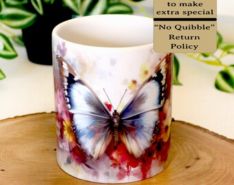 Silver Blue Butterfly Ceramic Coffee Mugs are Dishwasher and Microwave Safe, Butterfly Design on Pastel Flower Garden, Choose 11 oz or 15 oz