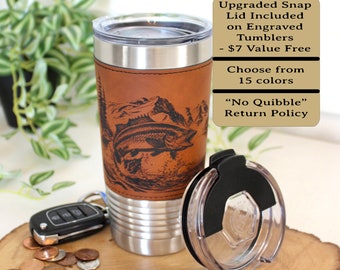 Personalized fishing tumbler, engraved fishing gift, Faux Leather Polar Camel, insulated travel mug, outdoors coffee mug, leatherette cup