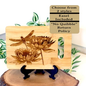 Artistic Dragonfly with Lotus Flowers Engraved on Bamboo Wooden Cutting/Cheese Board to Brighten your Kitchen Decor, great Dragonfly Gift