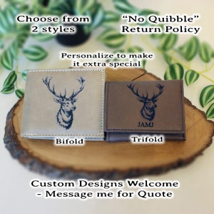 Men's Leather Bifold/Trifold Hunting Wallet with flip ID Display. Perfect Hunter's gift. Elk Profile Engraved Hunting Art. Elk Head Wallet