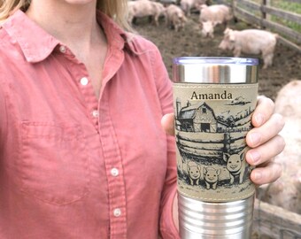 Pig Farm Engraved 20 oz Travel Tumbler – Personalized Leatherette Wrapped Coffee Mug