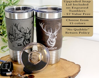 Personalized elk hunting tumbler, engraved elk hunting gift, mountain woodlands, Polar Camel, faux leather travel mug, outdoors coffee mug