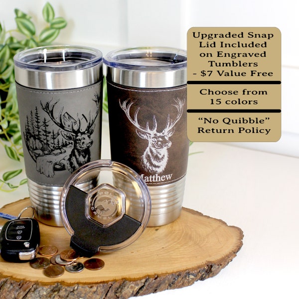 Engraved Elk in the Mountains or Elk Head Leatherette wrapped Insulated Stainless Steel Coffee Travel mug, Great Elk Hunter Gift - 1 Tumbler