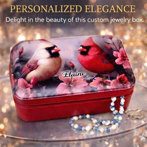 Pair of Cardinals Travel Jewelry Case – Faux Leather Zip Organizer with Mirror, Personalized Name