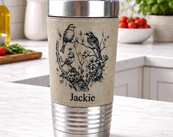 Personalized Cherry Blossom Tumbler Gift for Mom,  Bird Lover Travel Mug, Engraved Leatherette Coffee Cup, Mother's Day Floral Gift for Her