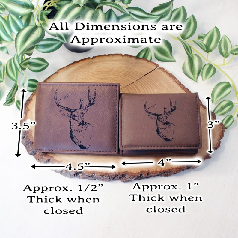 May include: Two brown wallets featuring a black deer head graphic. The larger wallet measures 4.5 inches by 3.5 inches and is 0.5 inches thick. The smaller wallet measures 4 inches by 3 inches and is 1 inch thick. Text reads All Dimensions are Approximate.