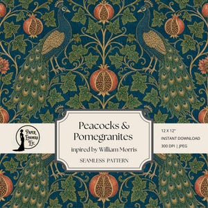 May include: A seamless pattern featuring blue peacocks and orange pomegranates on a dark blue background with green leaves. A central label displays the text Peacocks & Pomegranates, inspired by William Morris, 12 x 12 inches, 300 DPI, JPEG.