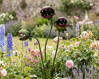 Estaca de jardín con forma de planta carnívora, arte metálico caprichoso, escultura gótica de decoración para exteriores, ideal para el jardín y el patio.
