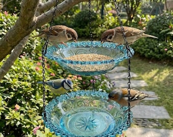Mangiatoia per uccelli sospesa, vaschetta per uccelli a 2 strati in vetro blu, decorazione da giardino per esterni per colibrì e uccelli selvatici