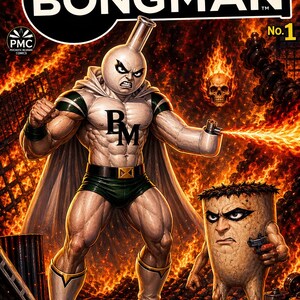 May include: Comic book cover featuring "Incredible Bongman" with a muscular figure in a white and green costume, a bong-shaped head, and the letters "BM" on the chest. The background is a fiery scene with a skull and a second character.