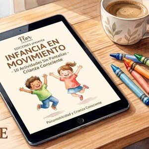 May include: A digital tablet displays a PDF guide titled "INFANCIA EN MOVIMIENTO" with illustrations of children. The tablet rests on a wooden surface, accompanied by crayons and a coffee cup. The guide promotes activities for conscious parenting.