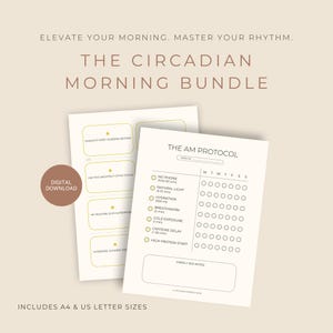 Könnte beinhalten: Digitaler Download des Circadian Morning Bundle. Zwei cremefarbene Blätter mit Text und Checklisten. Ein Blatt listet tägliche AM-Protokollpunkte wie kein Telefon, natürliches Licht und Flüssigkeitszufuhr auf. Das andere Blatt enthält inspirierende Zitate.