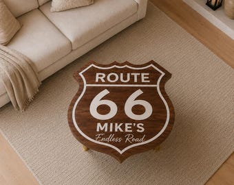 Custom Route 66 Shield Coffee Table, Walnut Wood, Retro Biker Man Cave Furniture