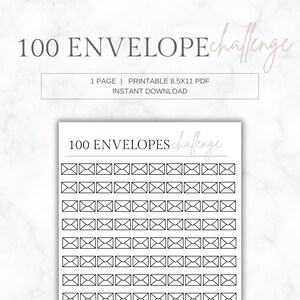 May include: Printable 8.5x11 inch PDF sheet with 100 envelope outlines. The text "100 ENVELOPES challenge" is at the top of the sheet.