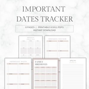 May include: Printable 8.5x11 inch PDF planner pages for tracking important dates, birthdays, and special occasions. The pages feature a simple, modern design with a light beige background.