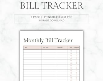 PRODUIT NUMÉRIQUE | Suivi des factures mensuelles imprimable | Planificateur de factures | Liste de contrôle pour le paiement de factures | Journal des factures mensuelles | Suivi des dépenses | PDF 8.x5x11