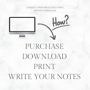 Peut inclure: Une illustration num&eacute;rique montrant comment acheter, t&eacute;l&eacute;charger, imprimer et prendre des notes. L'illustration montre un &eacute;cran d'ordinateur avec une fl&egrave;che pointant vers le texte "Comment ?" et les &eacute;tapes &agrave; suivre pour utiliser le produit.