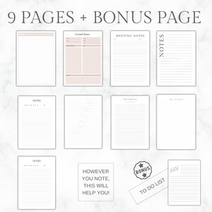 Peut inclure: Un planificateur imprimable avec 9 pages et une page bonus. Les pages sont con&ccedil;ues pour prendre des notes, y compris des notes de Cornell, des notes de r&eacute;union et des listes de t&acirc;ches. Les pages sont blanches avec des lignes noires et un motif de grille.