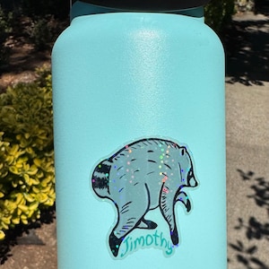 Jimothy the raccoon sticker, Jimothy raccoon Seattle sticker, holographic vinyl sparkly waterproof sticker, Viral Jimothy Raccoon from Ballard in Seattle, WA hand drawn as a sticker shown here on a water bottle. Sticker is translucent as can be seen once off the white sticker backing. No AI used in making the Jimothy sticker!
