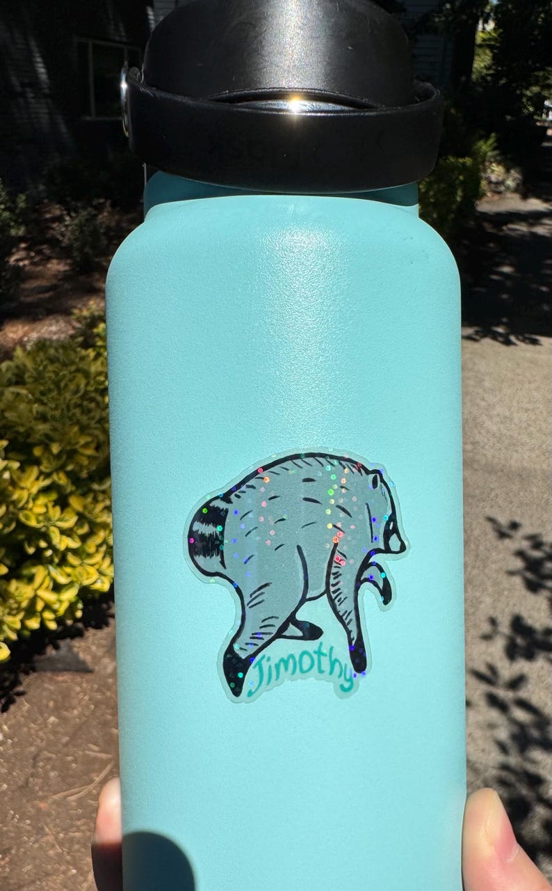 Jimothy the raccoon sticker, Jimothy raccoon Seattle sticker, holographic vinyl sparkly waterproof sticker, Viral Jimothy Raccoon from Ballard in Seattle, WA hand drawn as a sticker shown here on a water bottle. Sticker is translucent as can be seen once off the white sticker backing. No AI used in making the Jimothy sticker!