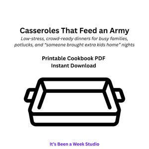 Puede incluir: Dibujo lineal en blanco y negro de una fuente rectangular para horno con asas. El texto dice "Casseroles That Feed an Army" y describe el libro de cocina como cenas sin estrés para familias. También incluye "Printable Cookbook PDF" y "Instant Download".