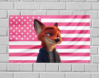 Tapiz de pared con la bandera de Nick Wilde de EE. UU., decoración de habitación de Zootopia, arte de pared de dormitorio de Disney, decoración estética para dormitorios universitarios.