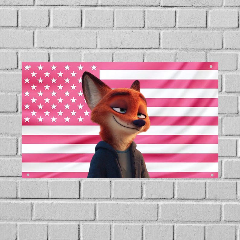 Op de afbeelding: Een rechthoekige wanddecoratie met een cartoon vos karakter voor een roze Amerikaanse vlag. De vos heeft oranje vacht en draagt een blauwe hoodie. De vlag heeft roze strepen en witte sterren.