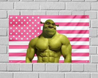 Tapiz de pared con la bandera de EE. UU. y el meme de Shrek musculoso, decoración divertida para la habitación con memes, arte de pared de dibujos animados para dormitorio, pancarta para dormitorio universitario