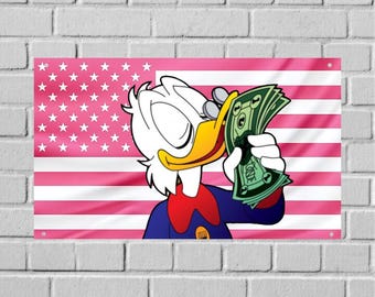 Tapiz de pared con la bandera de Scrooge McDuck de EE. UU., decoración de habitación de DuckTales, arte de pared de dibujos animados para dormitorio, pancarta estética para dormitorio universitario